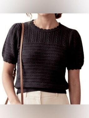 Draper James Black Cable Knit Short-Sleeve Sweater